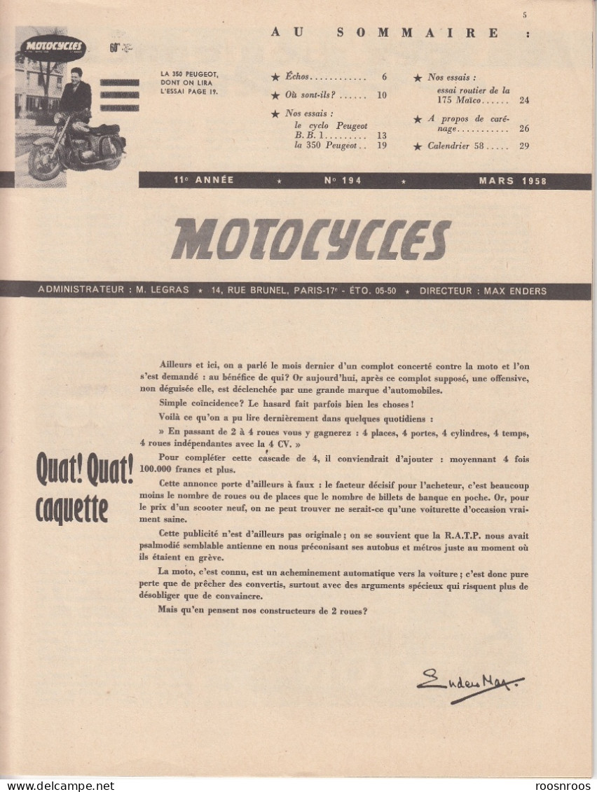 REVUE MOTOCYCLES  N°194 - 1958 -  MOTO 350 PEUGEOT - Motorfietsen