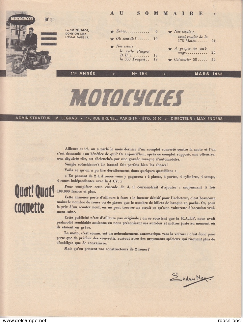 REVUE MOTOCYCLES  N°194 - 1958 -  MOTO 350 PEUGEOT - Moto