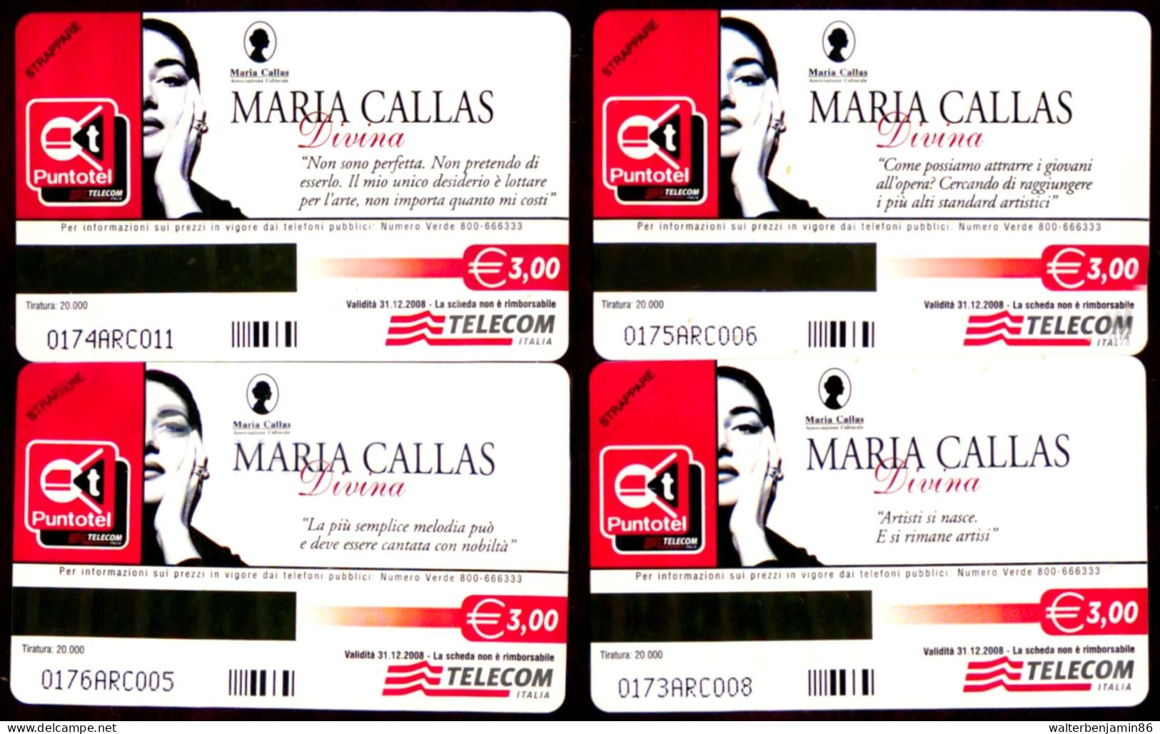 G 2323 825 C&C 4408 4 SCHEDE TELEFONICHE NUOVE MARIA CALLAS - PROVA ARC - Erreurs & Variétés