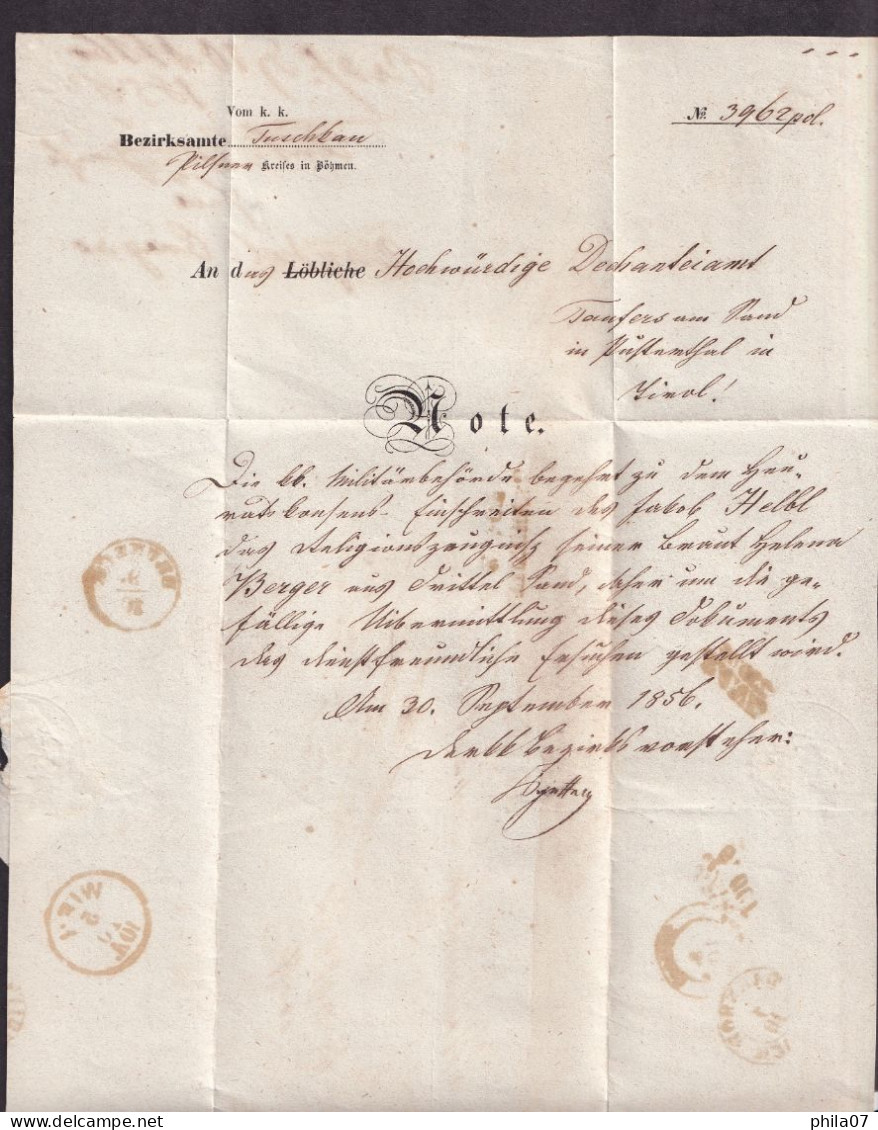 AUSTRIA - Letter Sent From Tuschkau 04.01., Via Praha 05.10., Wien 05.10., Laibach 07.10., Villach 08.10. ... / 6 Scans - Briefe U. Dokumente