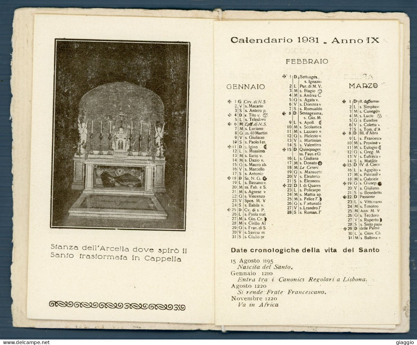 °°° Calendario - Ricordo Del Centenario Antoniano 1931 °°° - Petit Format : 1921-40