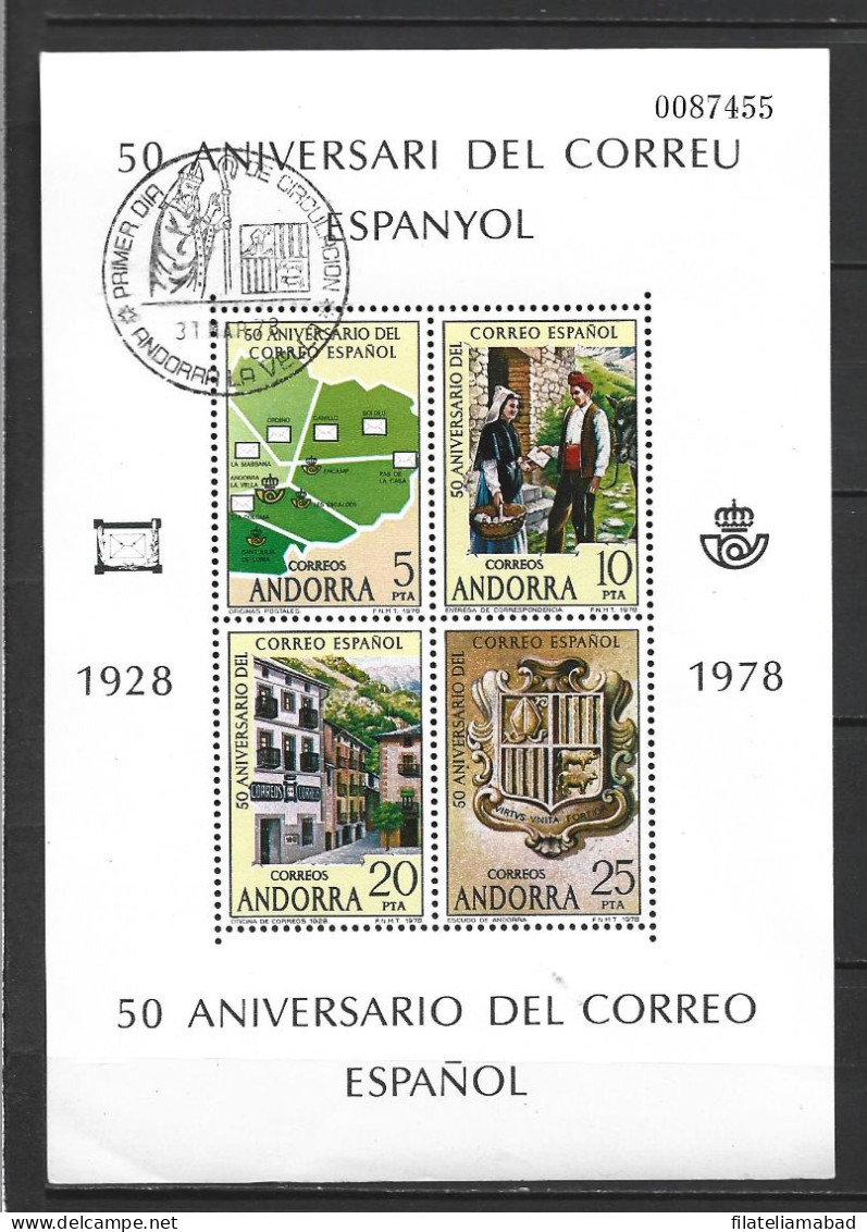 ANDORRA CORREO ESPAÑOL HOJITA BLOQUE MATASELLADO DE PRIMER DIA  (S.B.1) - Used Stamps