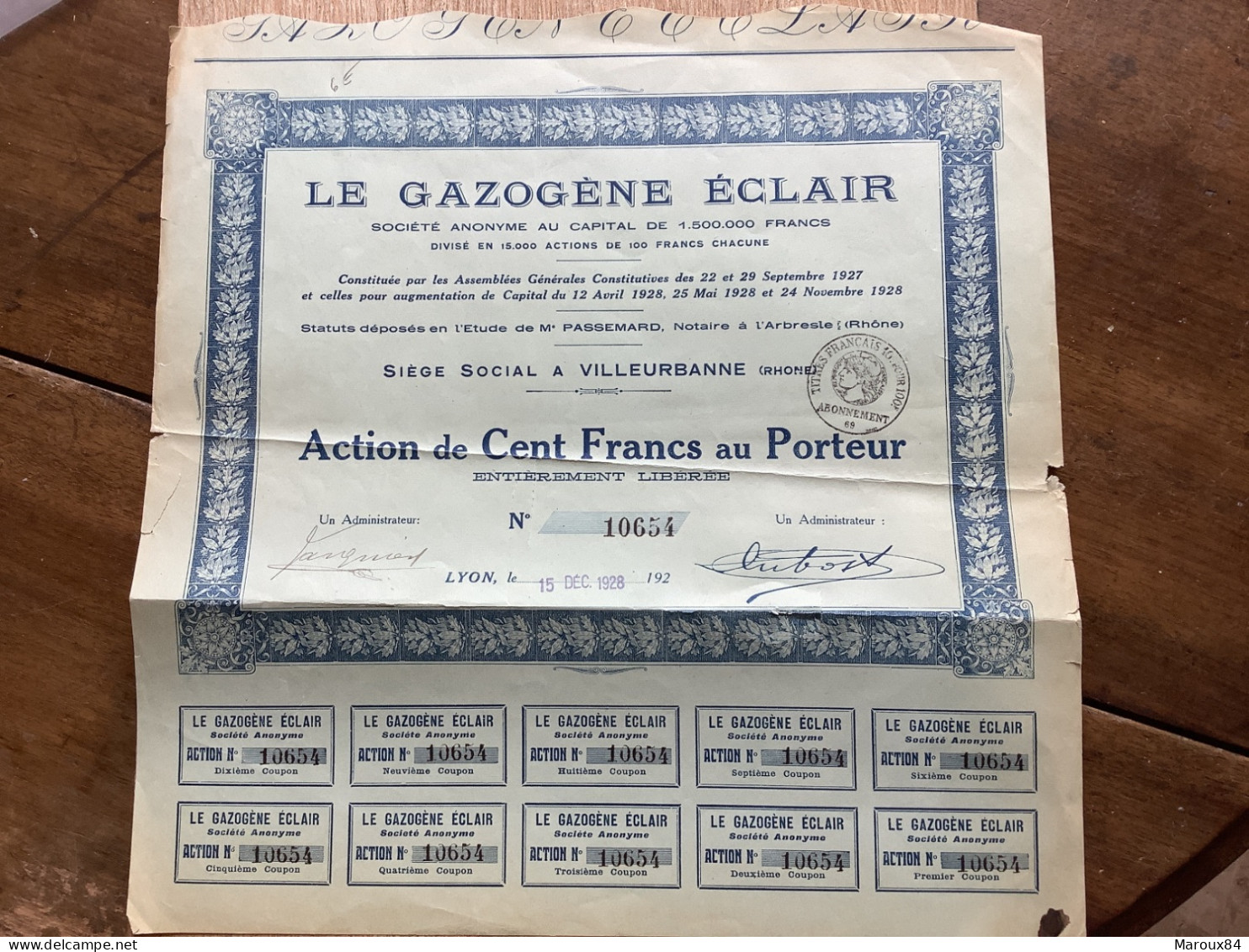 Dpt 69 Le Gazogène éclair  Villeurbanne Action De Cent Francs Au Porteur - Sin Clasificación