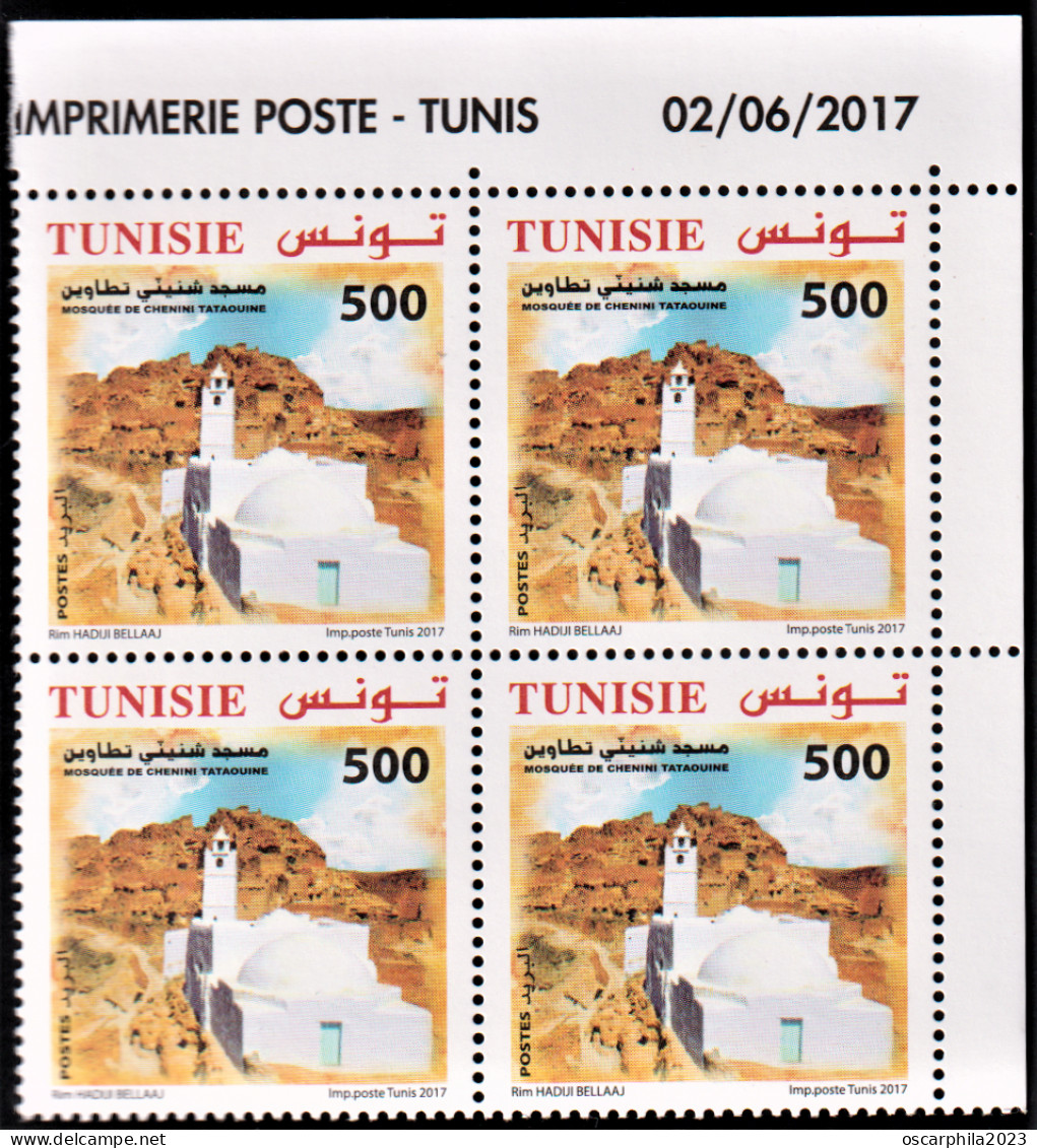 2017 - Tunisie - Mosquée De Tunisie : Chenini & Sidi Boussaid, 2 Bloc De 4 Coin Daté- Série Complète 8V- MNH*** - Moschee E Sinagoghe