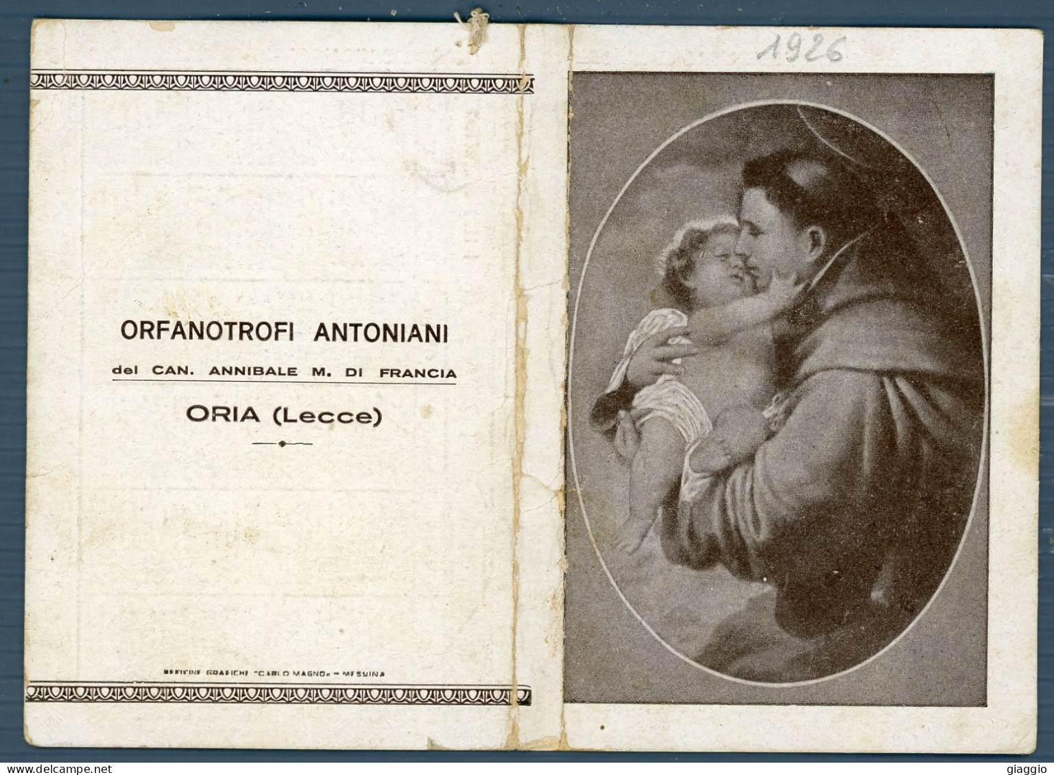 °°° Calendario - Orfanotrofi Antoniani Oria 1926 Con Medaglia °°° - Petit Format : 1921-40