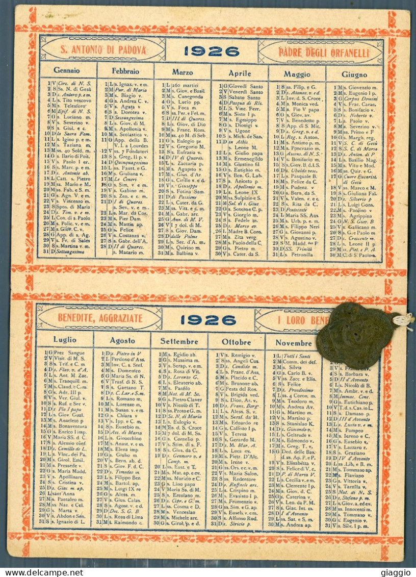 °°° Calendario - Orfanotrofi Antoniani Oria 1926 Con Medaglia °°° - Petit Format : 1921-40