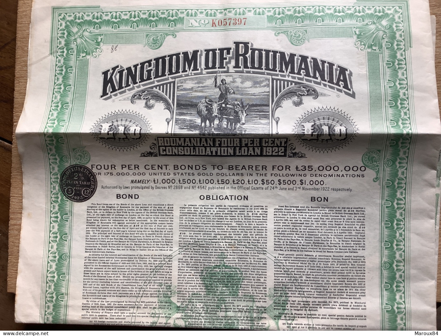 Roumanie Kingdom Of Roumania  Obligation L 10 - J - L