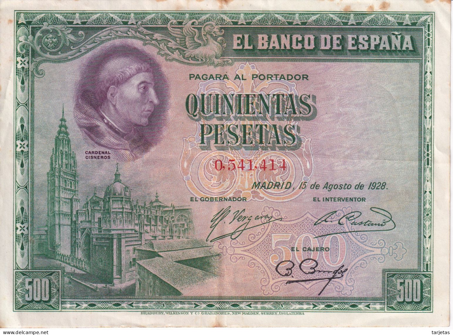 BILLETE DE ESPAÑA DE 500 PTAS DEL AÑO 1928 SIN SERIE -CARDENAL CISNEROS - 500 Peseten