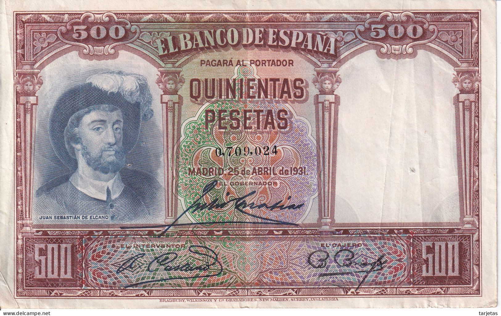 BILLETE DE ESPAÑA DE 500 PTAS DEL AÑO 1931 DE ELCANO (BANKNOTE) - 500 Pesetas