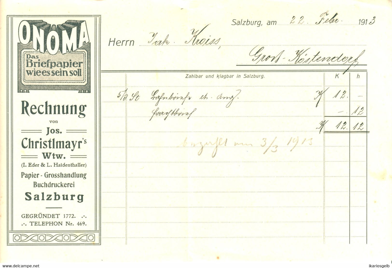 Salzburg Deko Rechnung 1913 " ONOMA Buchdruckerei Jos.Christmayr " - Oostenrijk