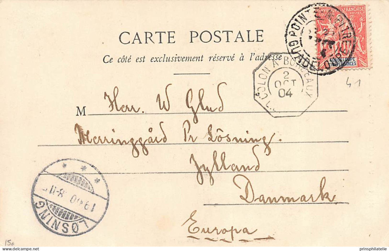 CARTE DE GUADELOUPE (MARCHANDE DE COROSSOL) + TYPE GROUPE OBLI POINTE A PITRE  ET CACHET MARITIME 1904=> DANEMARK COVER - Brieven En Documenten