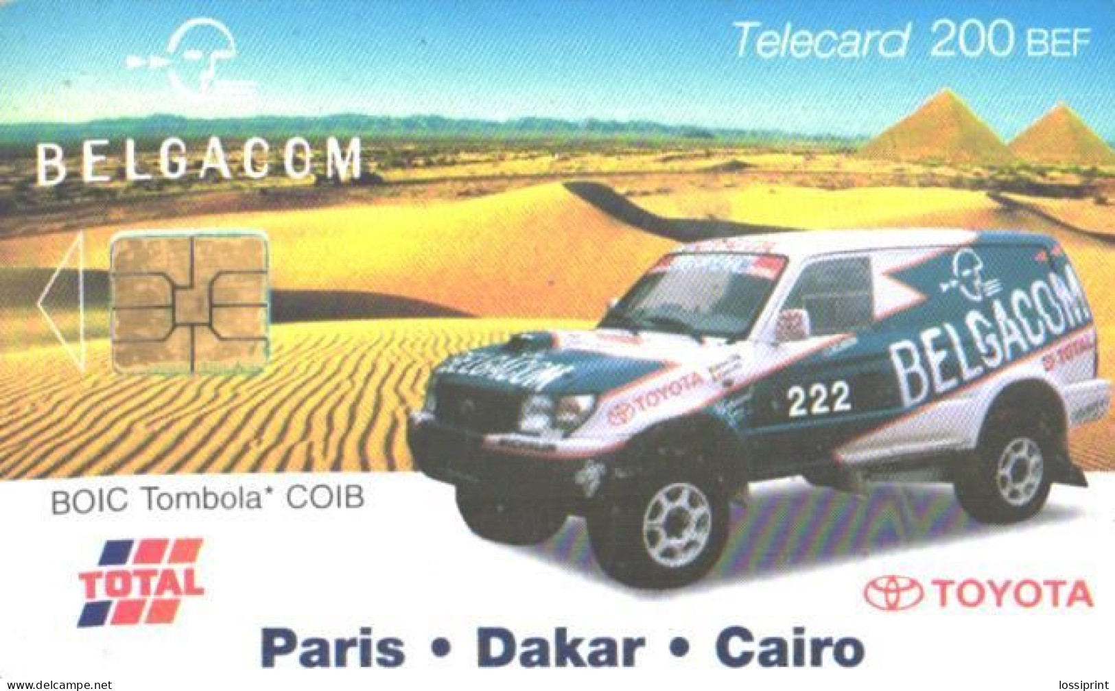 Belgium:Used Phonecard, Belgacom, 200 BEF, Car, Dakar Rally, Toyota, 2002 - Con Chip