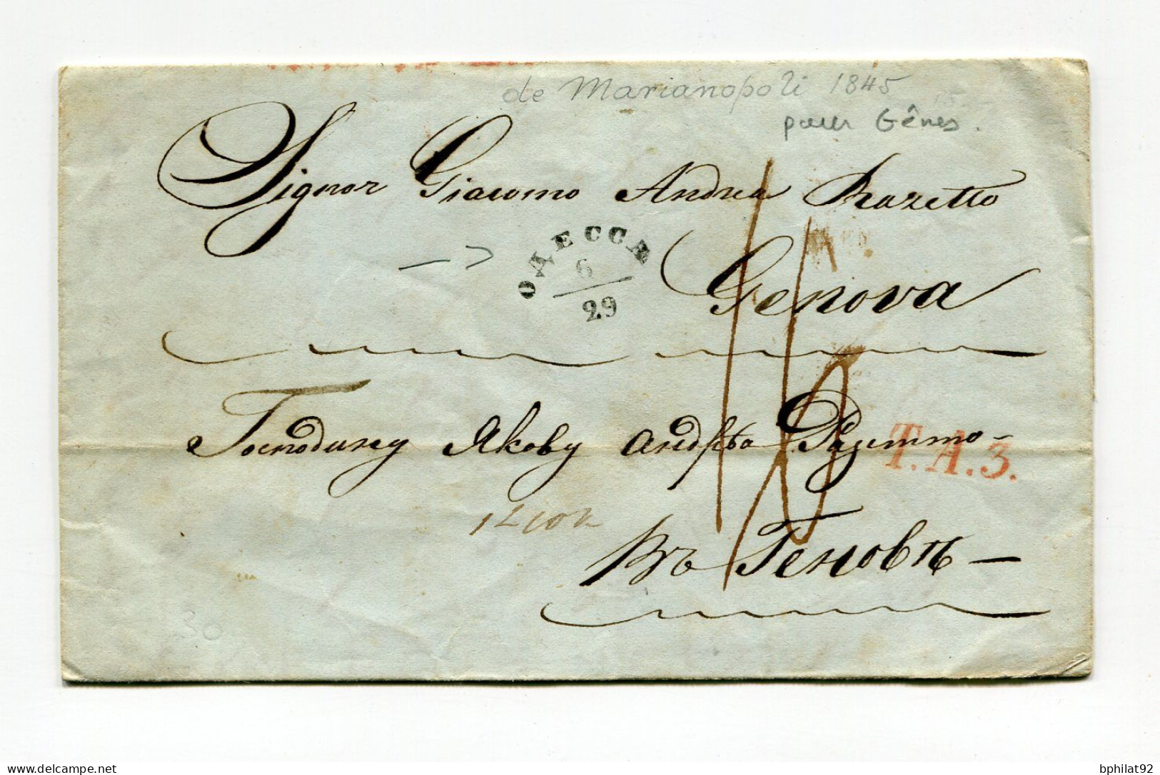 !!! LETTRE DE MARIANOPOLI POUR GENES DE 1845, AVEC MARQUE DE TRANSIT ODESSA - ...-1857 Prephilately