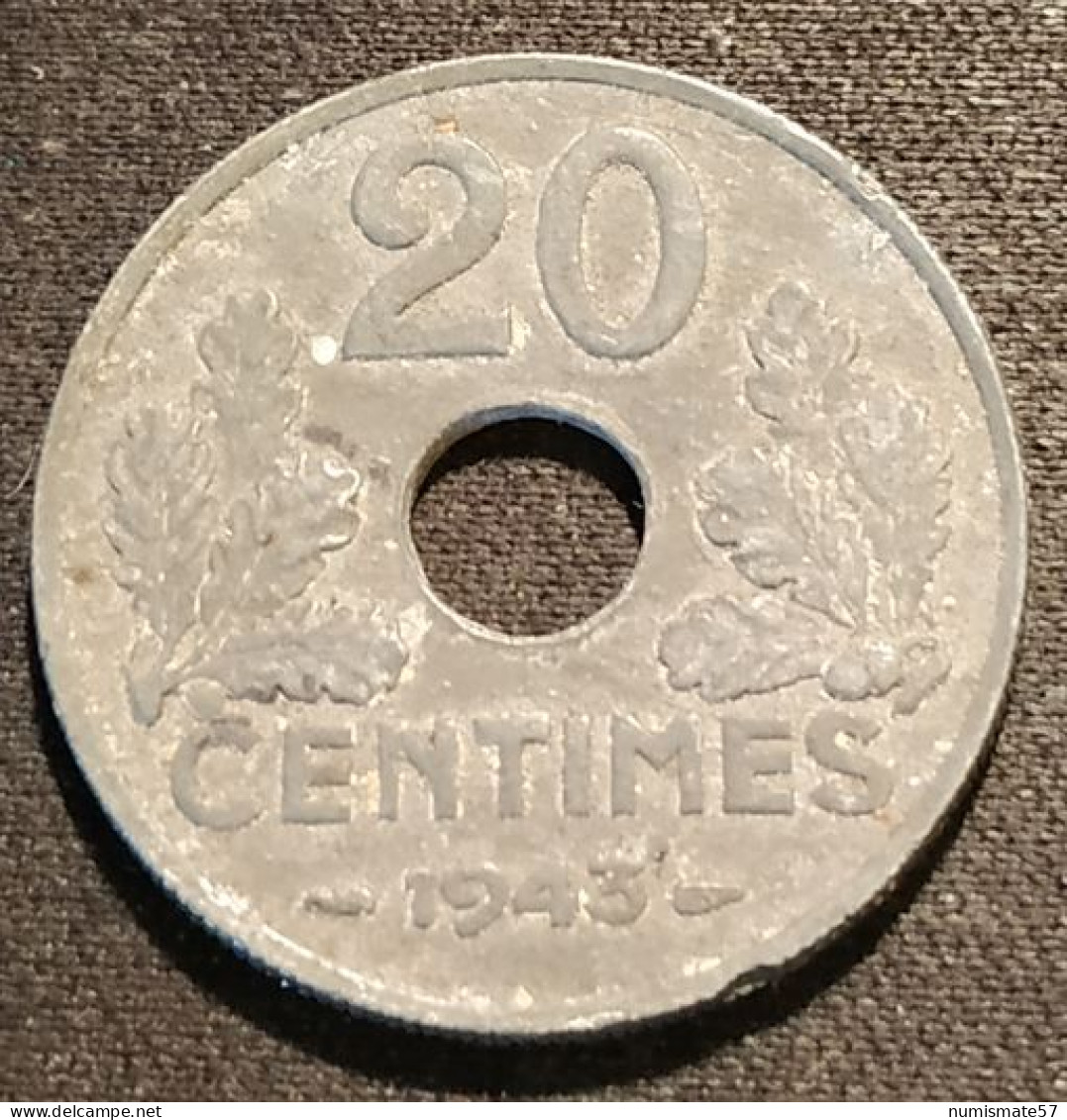 FRANCE - 20 CENTIMES 1943 - Etat Français - Zinc - Type 20 - Gad 321 - KM 900 - 20 Centimes