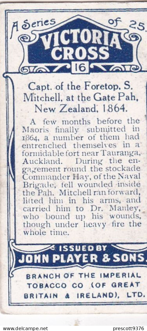 Victoria Cross 1914 -Players Cigarette Card - Military -  16 PO Samuel Mitchell, Naval Brigade, New Zealand 1864 - Player's