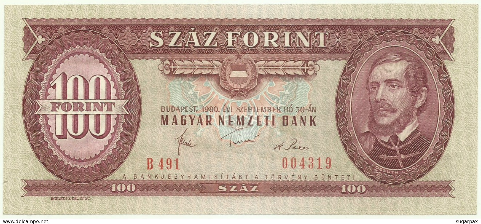 Hungary - 100 Forint - 30.09.1980 - Pick: 171.f - Serie B 491 - Lajos Kossuth - Hongrie