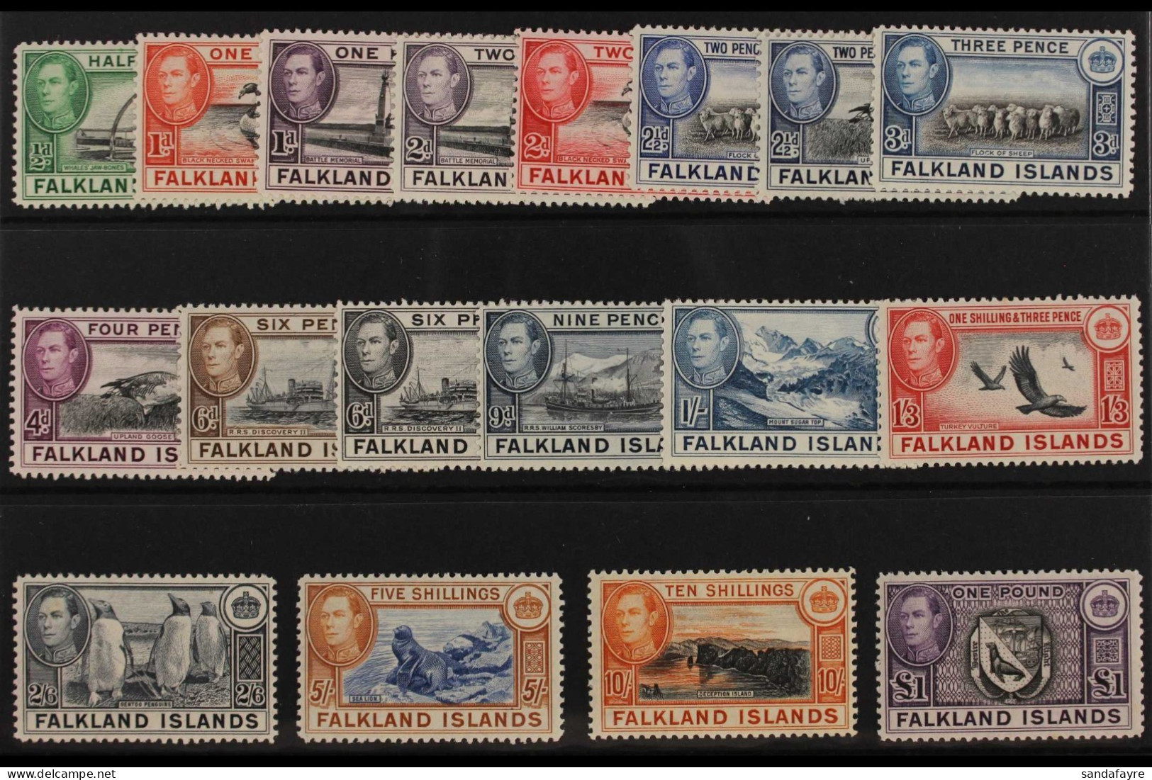 1938-50 Complete Set, SG 146/63, Fine Mint. Cat. Â£475. (18 Stamps) - Falkland