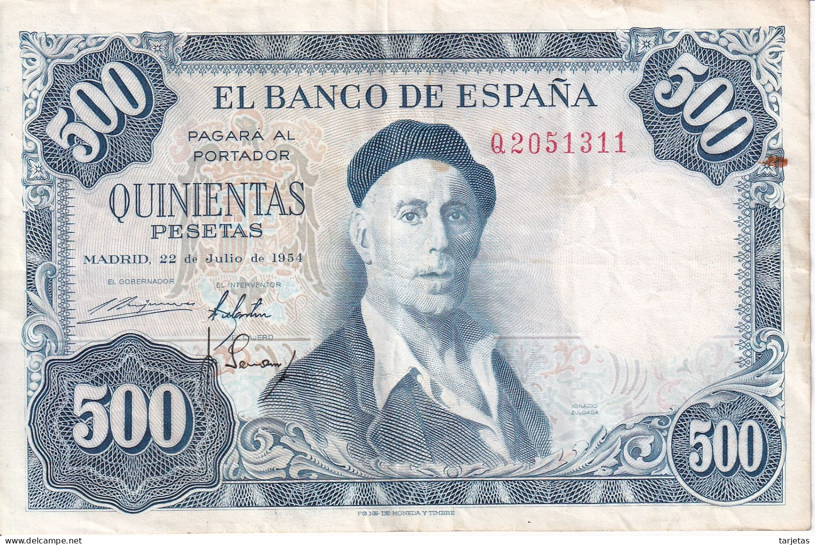 BILLETE DE ESPAÑA DE 500 PTAS DEL AÑO 1954 SERIE Q (IGNACIO ZULOAGA) - 500 Peseten