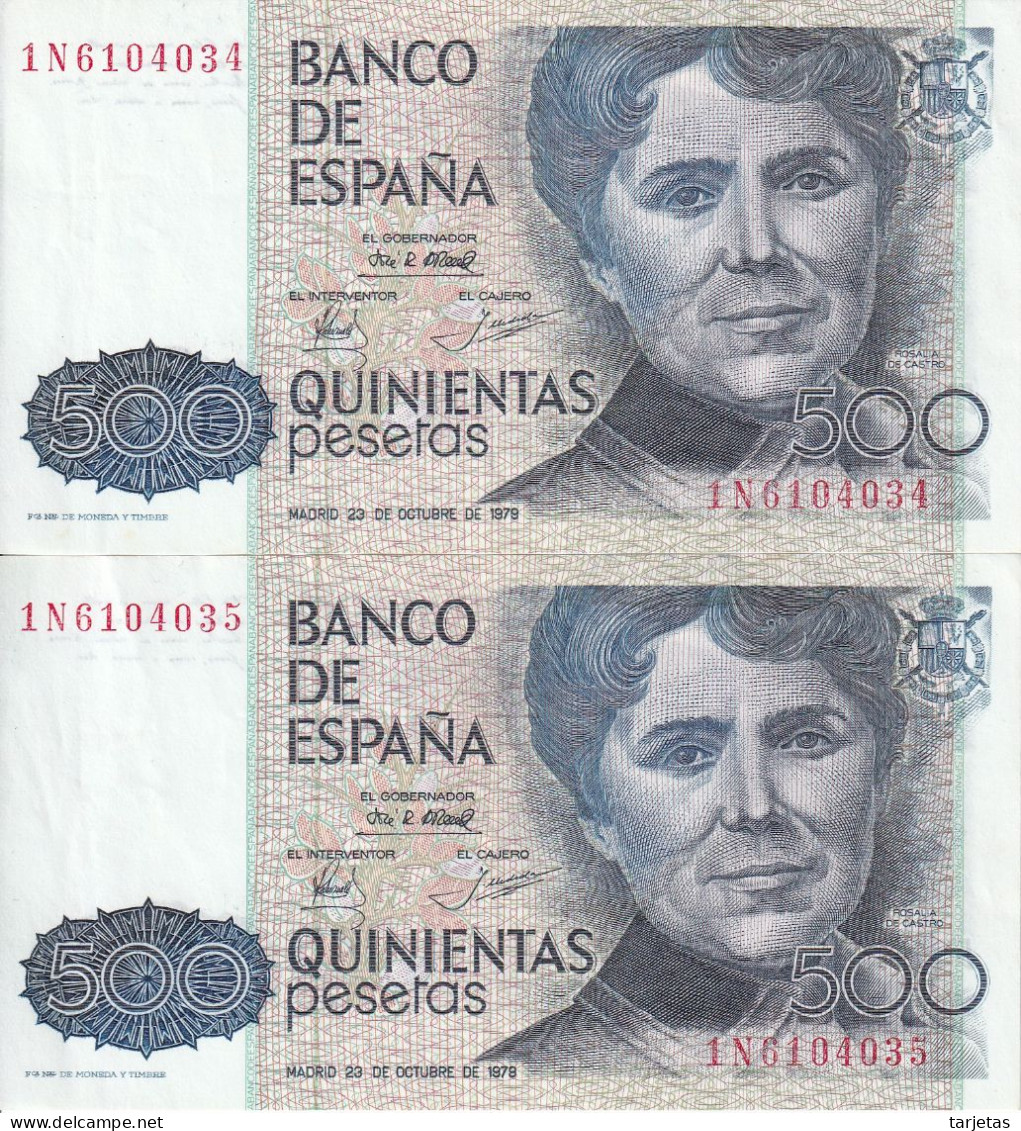 PAREJA CORRELATIVA DE 500 PTAS DEL AÑO 1979 SERIE 1N CALIDAD EBC++ (XF) (BANKNOTE) ROSALIA DE CASTRO - 500 Pesetas