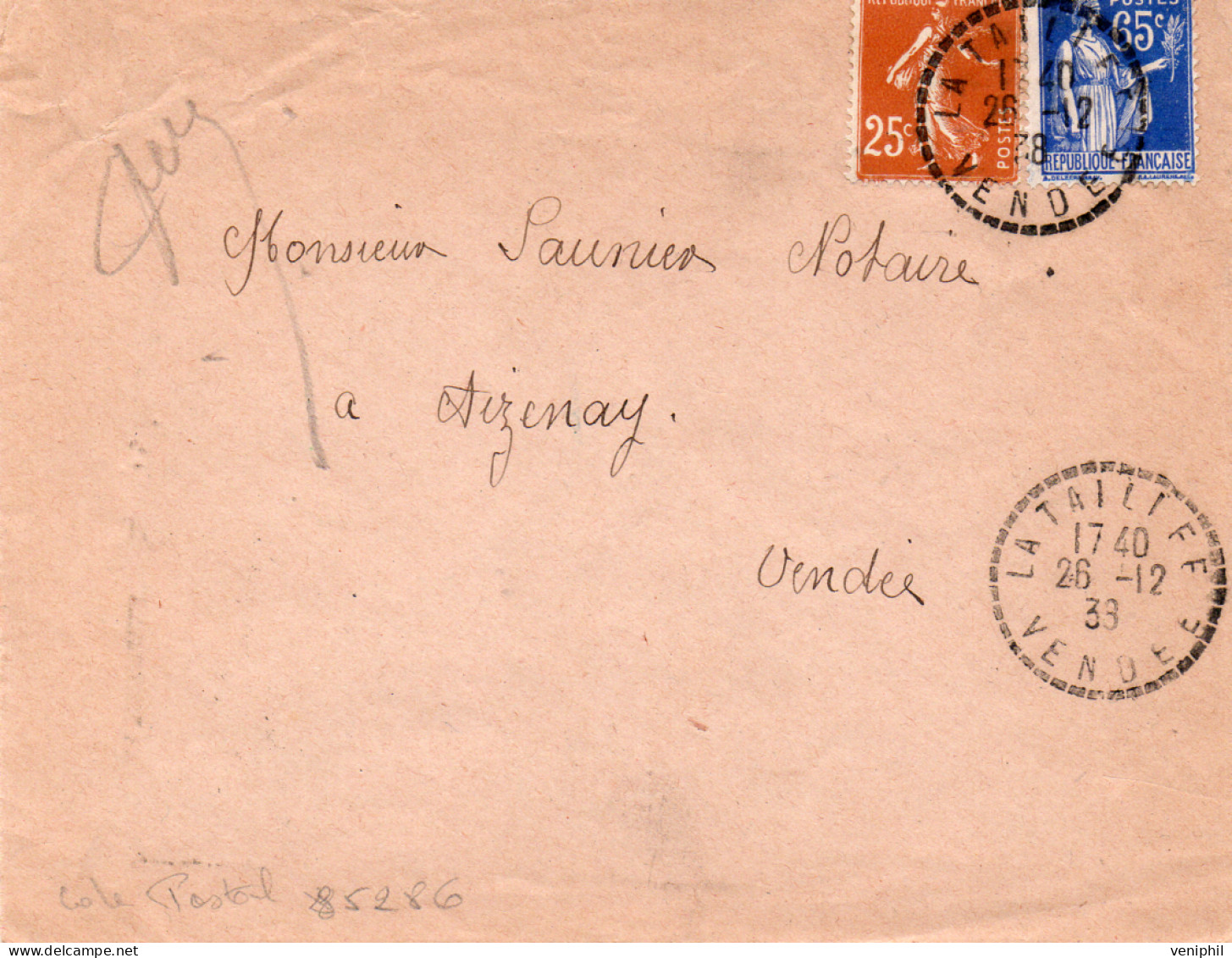 LETTRE AFFRANCHIE N° 235 -365 - OBLITEREE CAD POINTILLEE -- LA TAILLEE - VENDEE -1939 - Mechanical Postmarks (Other)