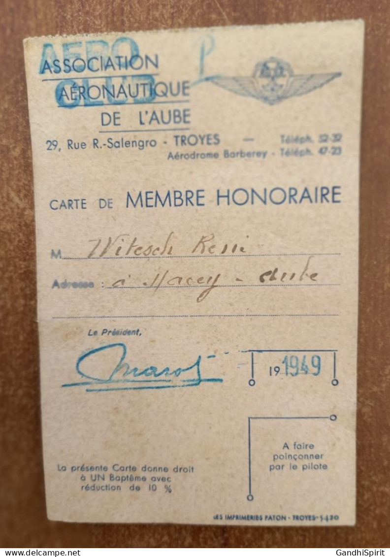 Carte Association Aéronautique De L'Aube Troyes Aérodrome Barberey Saint Sulpice Macey, Witesch René, Membre Honoraire - Sonstige & Ohne Zuordnung