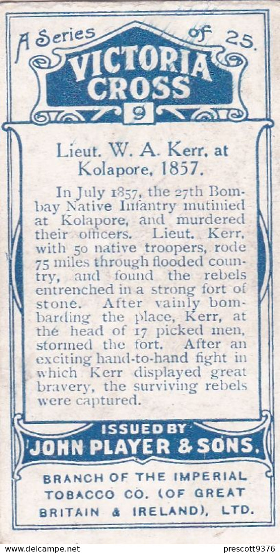 Victoria Cross 1914 -Players Cigarette Card - Military -  9 Leot Kerr, India 1857 - Player's