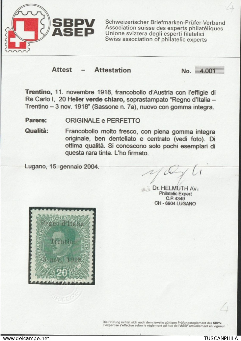 20 H. Verde Chiaro Sass 7a MNH** Cert.Avi Raro Cv 7500 - Trentino & Triest