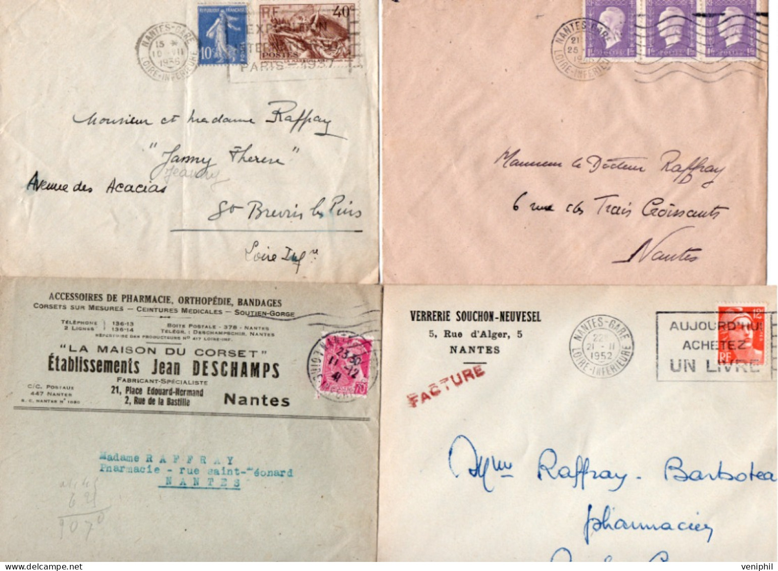 LOT DE 4 LETTRES AFFRANCHISSEMENTS DIVERS -TOUTES OBLITERATIONS CAD  NANTES  1936 A 1952 - 1921-1960: Période Moderne