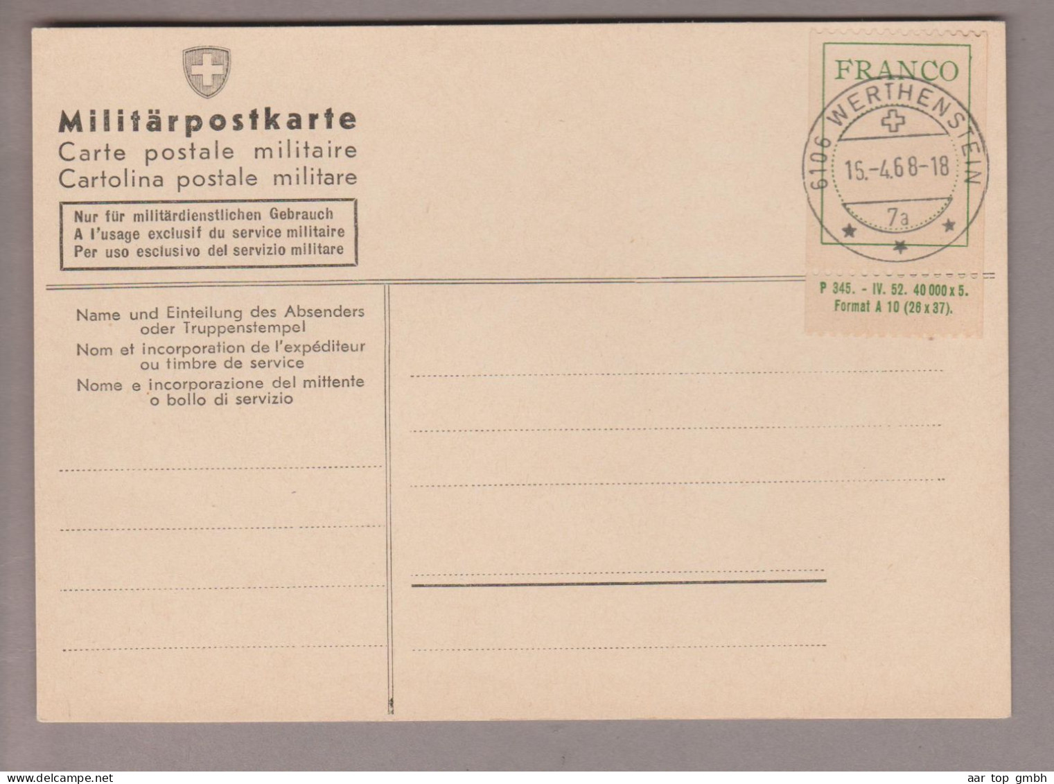 Schweiz Portofreiheit Frankozettel SBK #4 Mit Anhänger Auf Beleg Mit Stempel Werthenstein 1968-04-15 - Portofreiheit