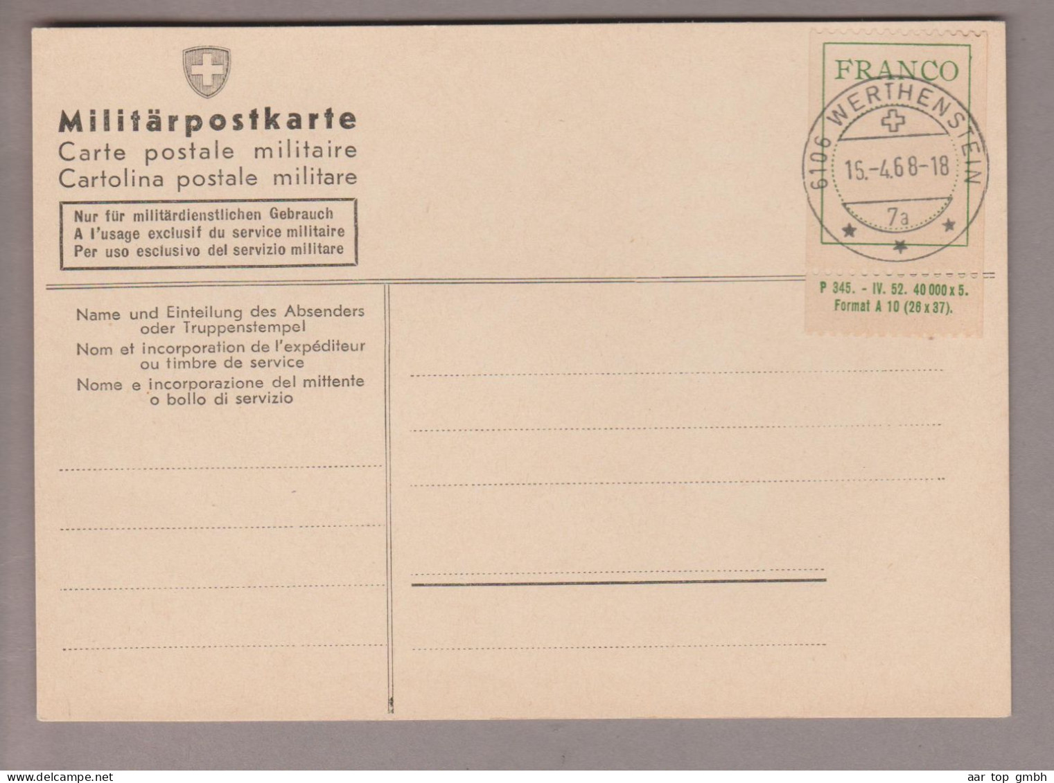 Schweiz Portofreiheit Frankozettel SBK #4 Mit Anhänger Auf Beleg Mit Stempel Werthenstein 1968-04-15 - Vrijstelling Van Portkosten