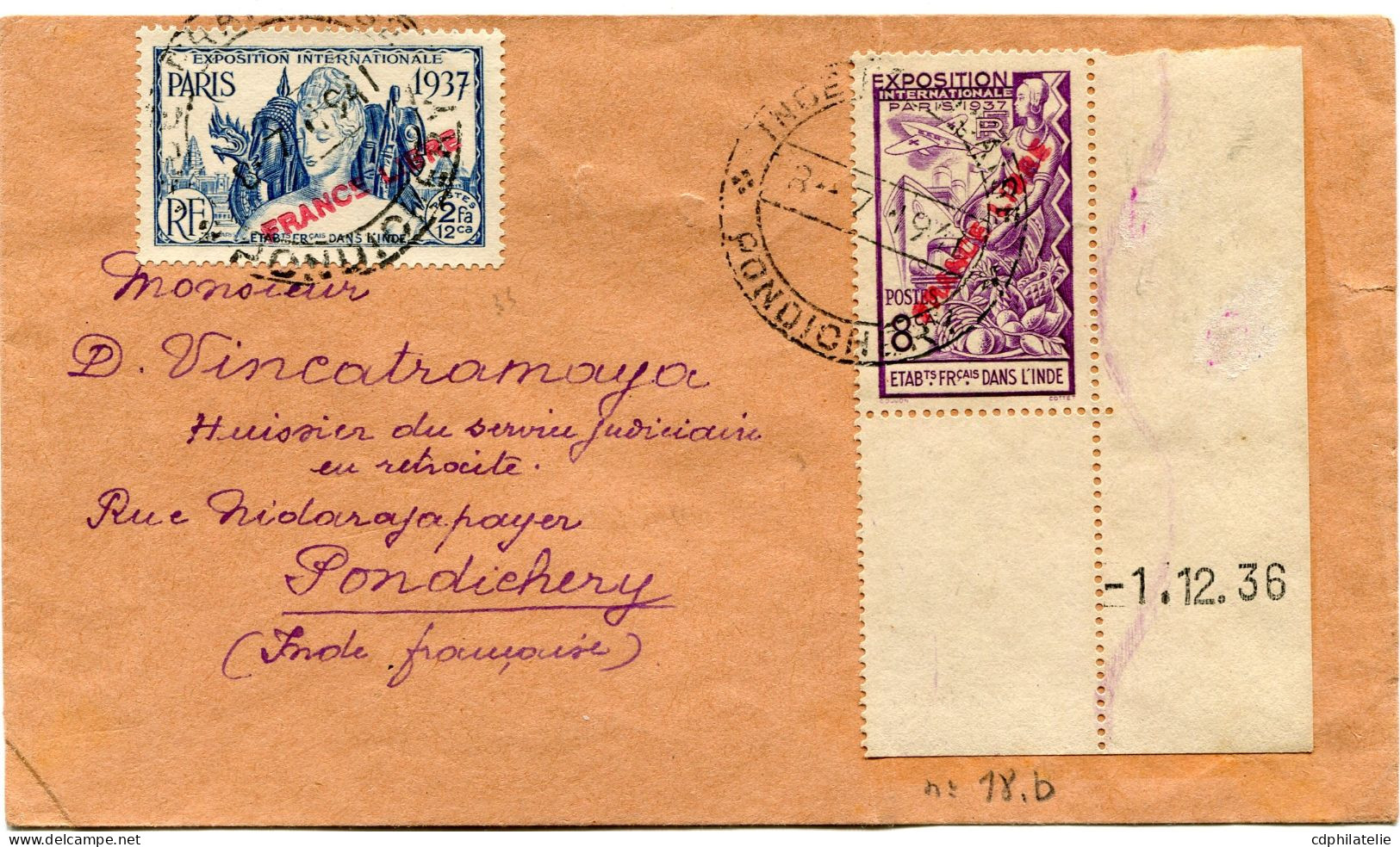 INDE FRANCAISE LETTRE DEPART INDE FRANCAISE 8-7-1941 PONDICHERY POUR L'INDE FRANCAISE - Covers & Documents