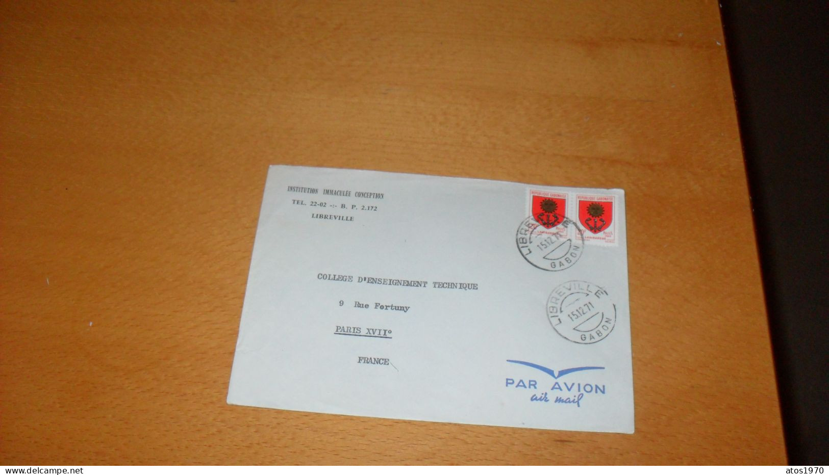 ENVELOPPE DE 1971../ INSTITUTION IMMACULEE CONCEPTION LIBREVILLE GABON..POUR PARIS CACHETS + TIMBRES X2 - Gabon (1960-...)