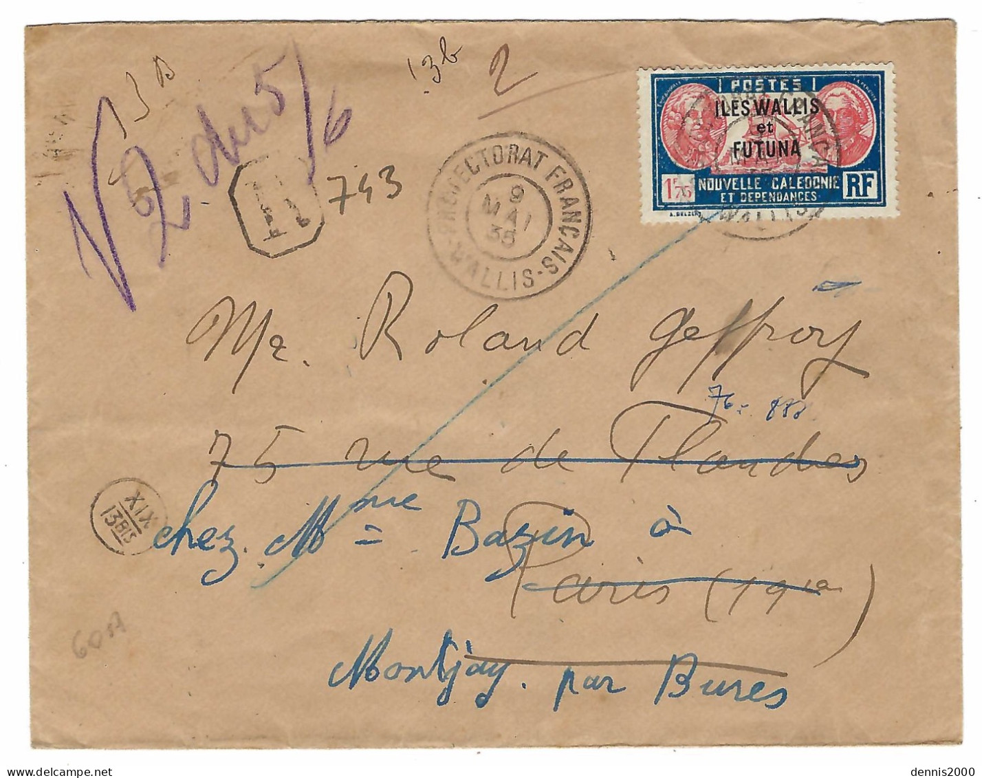 1935 - Enveloppe RECC. Affr. T P N°60 A Oblit. PROTECTORAT FRANCAIS / WALLIS Pour La France - Covers & Documents