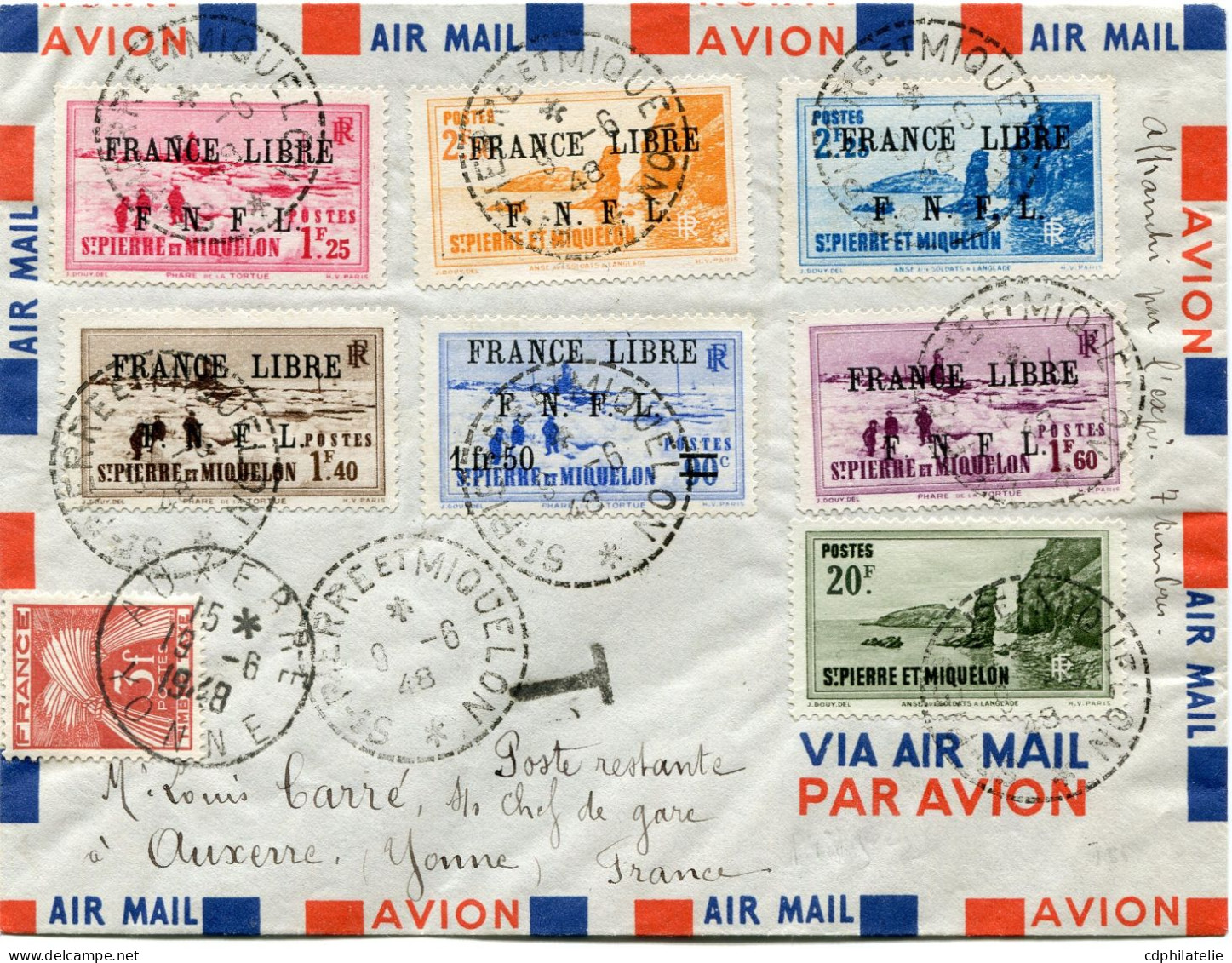 SAINT PIERRE ET MIQUELON FRANCE LIBRE LETTRE PAR AVION DEPART ST PIERRE ET MIQUELON 9-6-48 TAXEE EN POSTE RESTANTE A ... - Lettres & Documents