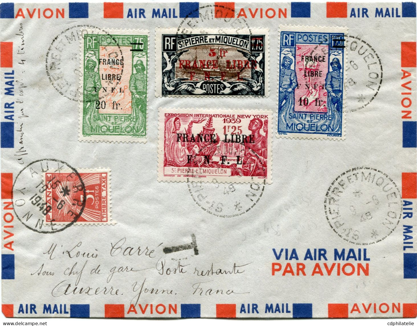 SAINT PIERRE ET MIQUELON FRANCE LIBRE LETTRE PAR AVION DEPART ST PIERRE ET MIQUELON 9-6-48 TAXEE EN POSTE RESTANTE A ... - Briefe U. Dokumente