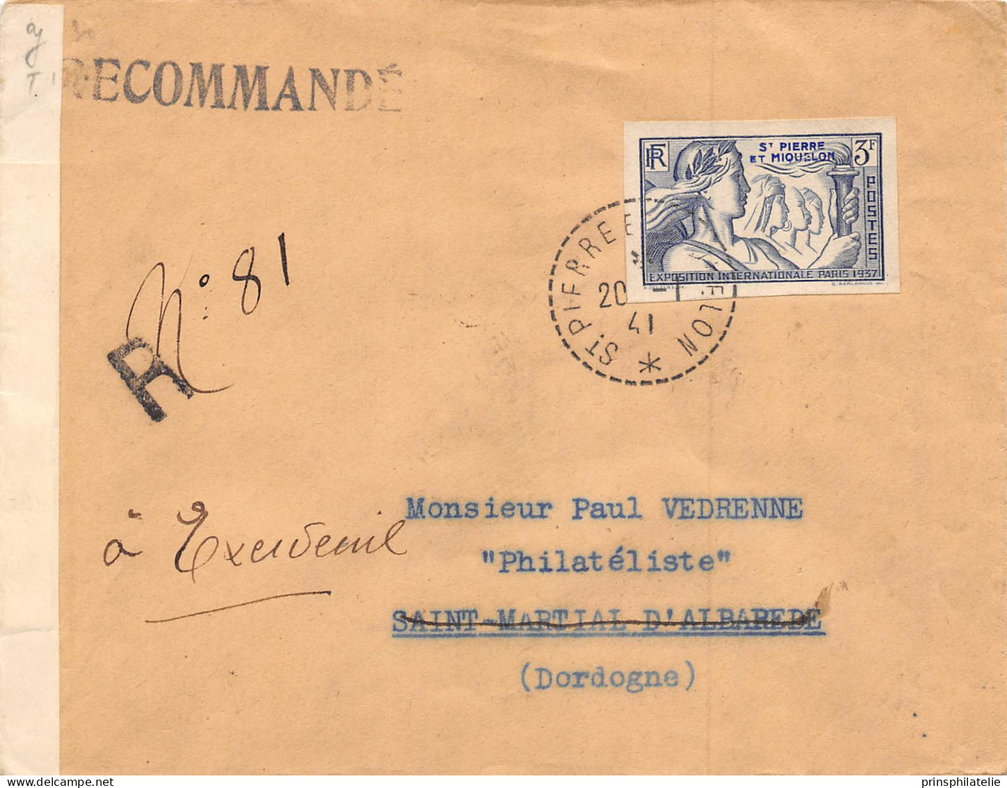 LETTRE RECOMMANDEE DE ST PIERRE ET MMIQUELON  AVEC BLOC EXPOSITION COLONIALE DE 31 DECOUPE EN UN TIMBRE COVER  CENSURE - Storia Postale