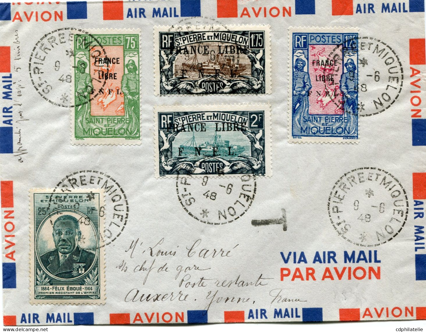 SAINT PIERRE ET MIQUELON FRANCE LIBRE LETTRE PAR AVION DEPART ST PIERRE ET MIQUELON 9-6-48 TAXEE EN POSTE RESTANTE A.... - Cartas & Documentos