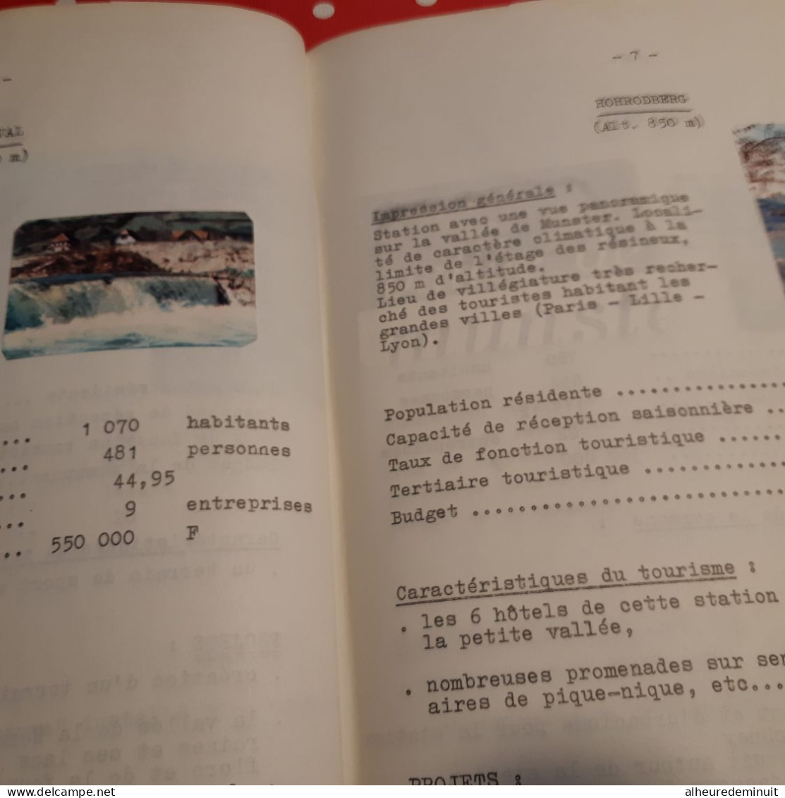 ETUDE TOURISTIQUE VALLEE DE MUNSTER"1974"Carte de vallée de MUNSTER"Du TANET"courbes isochrones"photos HOTELS"ALSACE...