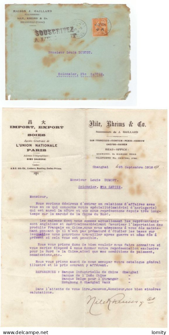 Chine France Lettre Cachet SHANGHAÏ Shang-Hai Pour Scionzier + Correspondance , 15 C Mouchon Surcharge 6 CENTS - 1918 - Covers & Documents