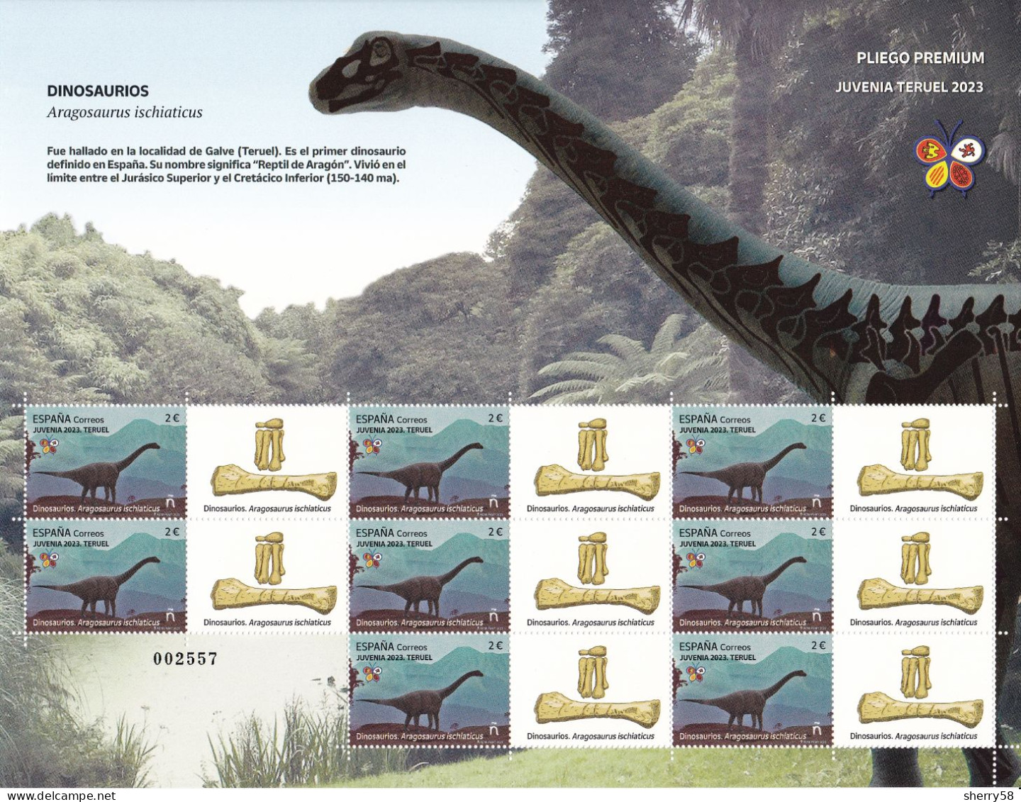 2023-ED. 5654 En PLIEGO PREMIUM- JUVENIA 2023. Teruel. Dinosaurios. Aragosaurus Ischiaticus - NUEVO - Full Sheets