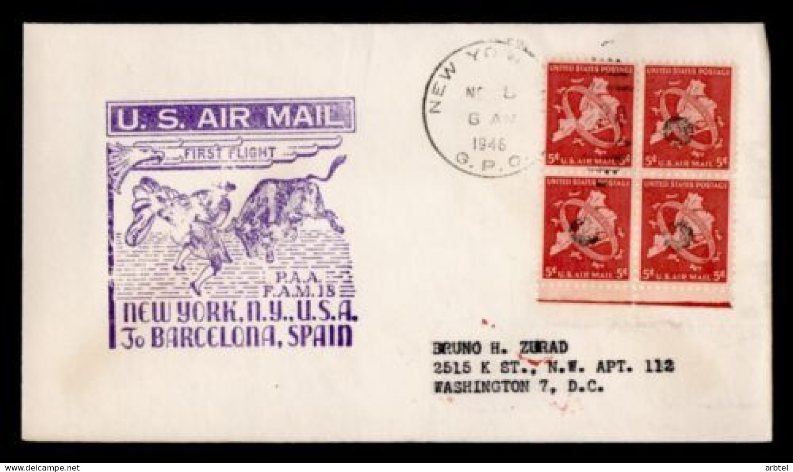 ESTADOS UNIDOS USA PRIMER VUELO NEW YORK BARCELONA 1948 TORERO BULLFIGHTER TORO - Cartas & Documentos