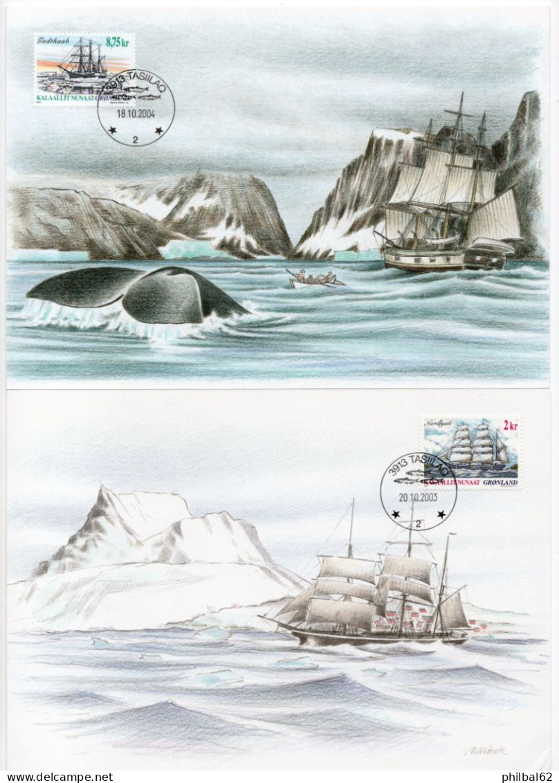 Groënland 2003/2004, Voiliers Godthaab Et Nordlyset Sur Grandes Cartes Illustrées. Oblitération Tasiilaq. - Covers & Documents
