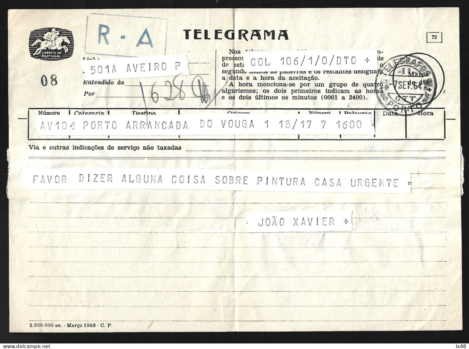 Telegrama Com Sobrecarga R - A. Enviado Arrancada Do Vouga, Passando Por Aveiro A Porto. Obliteração 'Telegrafos Porto - Brieven En Documenten