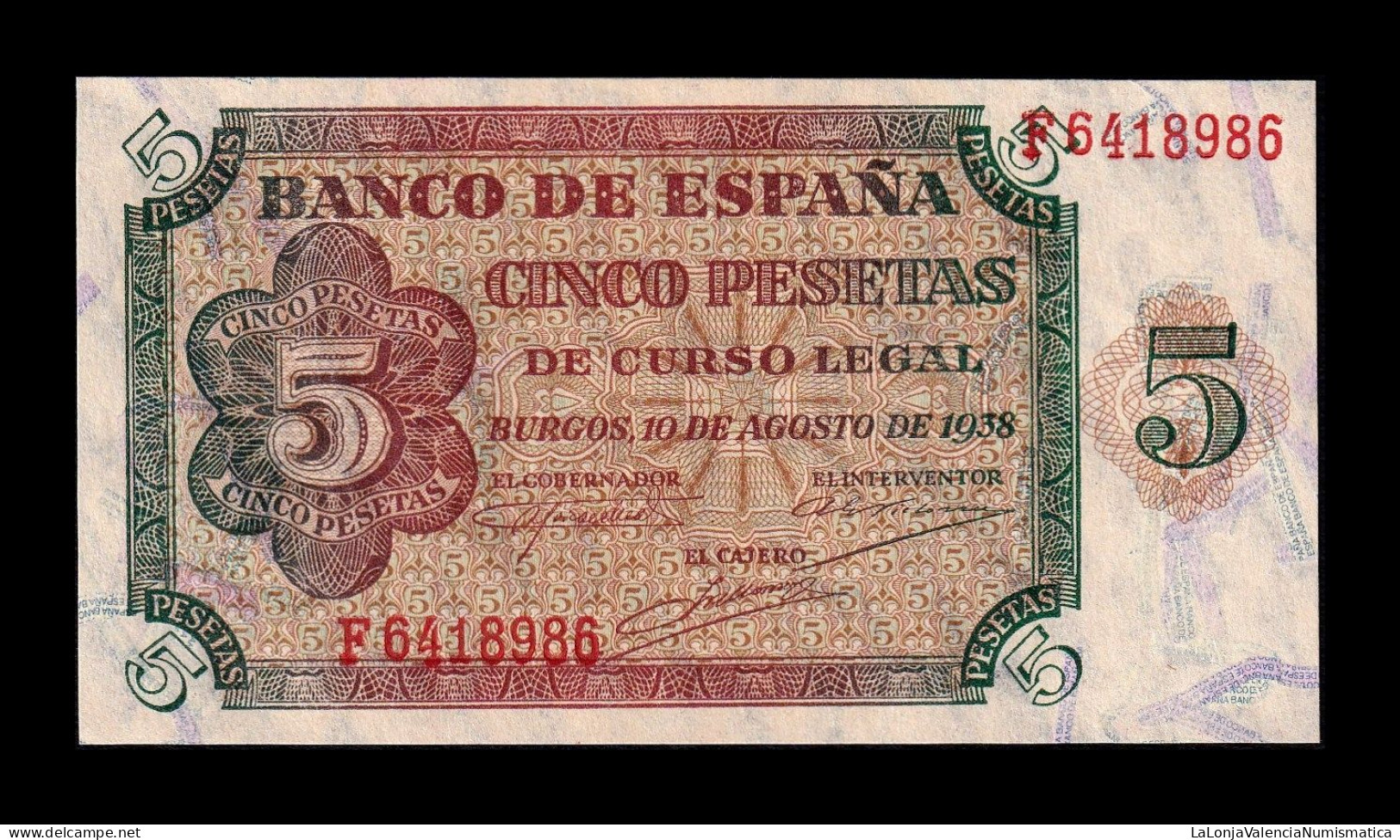 España Spain 5 Pesetas Burgos 1938 Pick 110 Serie F Sc Unc - 5 Pesetas