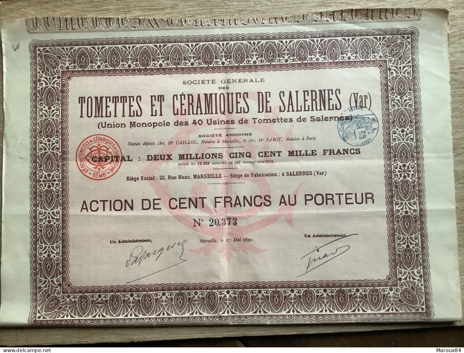 Dpt 83.  Sté Generale Tomettes Et Céramiques De Salernes  Action De Cent Francs Au Porteur - S - V