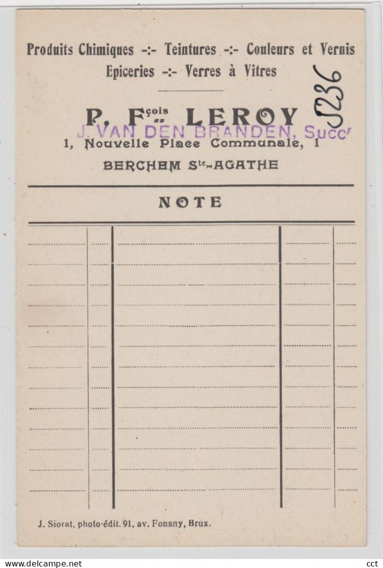 Berchem-Sainte-Agathe   Bruxelles   P. François Leroy  Produits Chimiques Teintures Couleurs Et Vernis - Berchem-Ste-Agathe - St-Agatha-Berchem