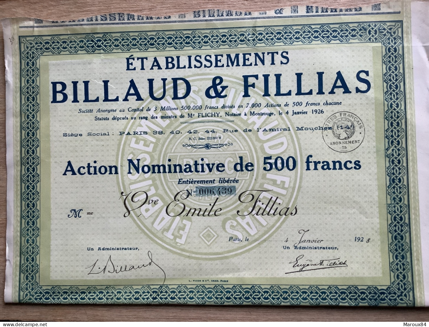 Ets Billaud Et Fillias Ss Paris Action Nominative De 500 Francs - A - C