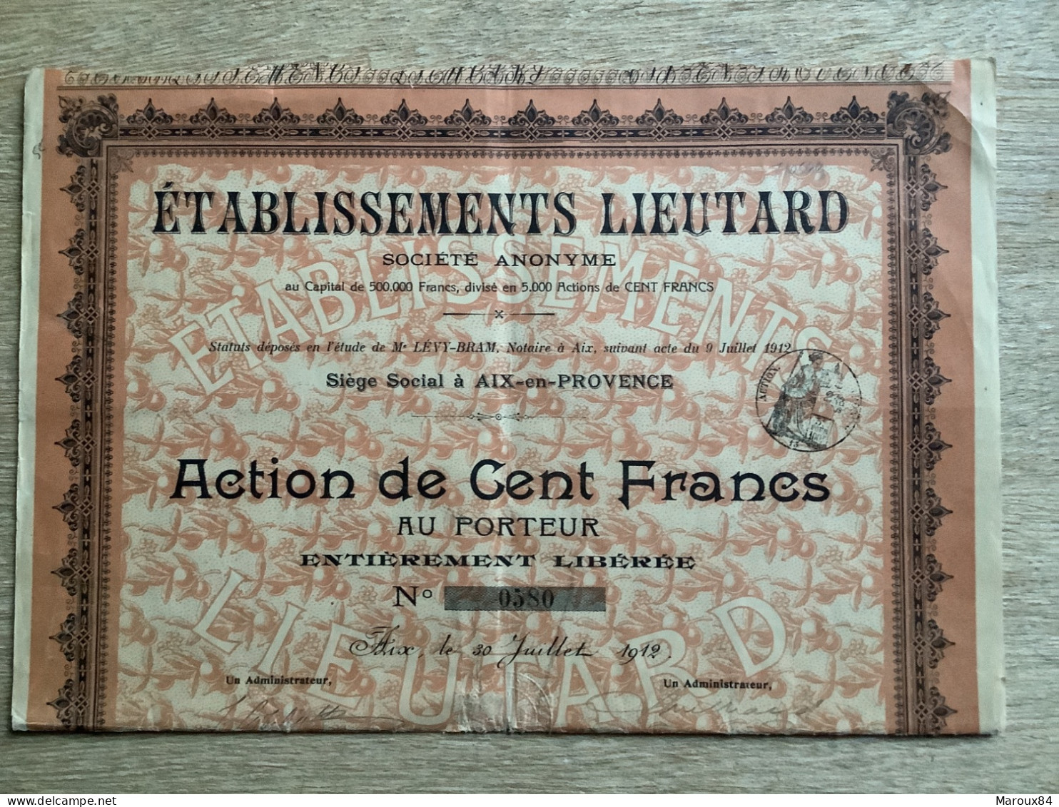 Dpt 13 établissement Lieutard  Ss Aix En Provence Action De Cent Francs Au Porteur - J - L