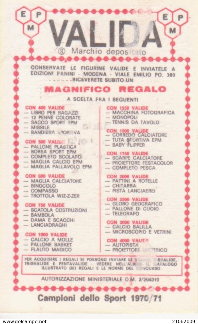 67 BASEBALL - ALBERTO RINALDI - VALIDA - CAMPIONI DELLO SPORT PANINI 1970-71 - Non Classés