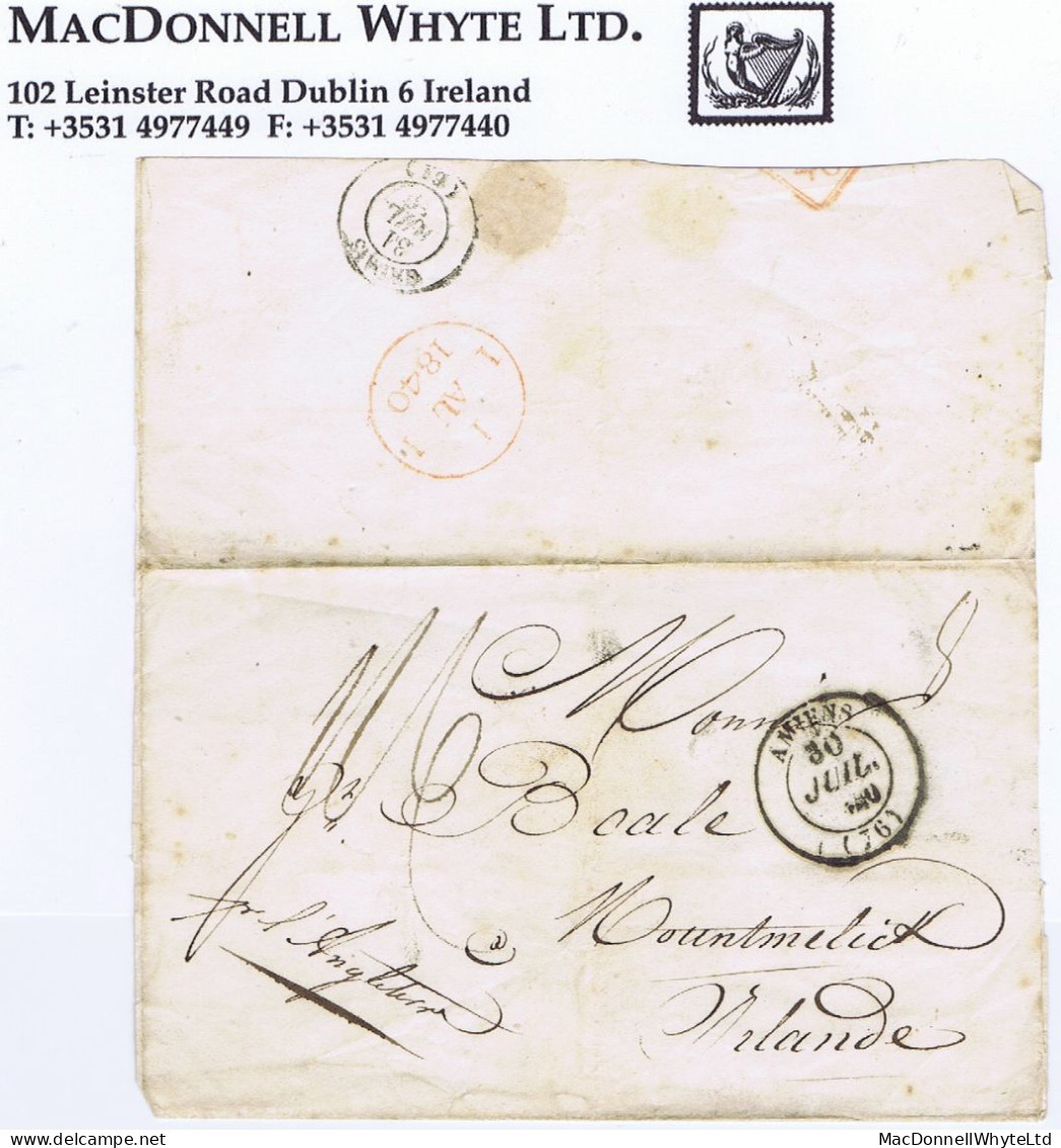 Ireland Laois France 1840 Wrapper To Mountmellick "pr L'Angleterre" AMIENS 30 JUIL 1840, Charged "1/6" - Voorfilatelie